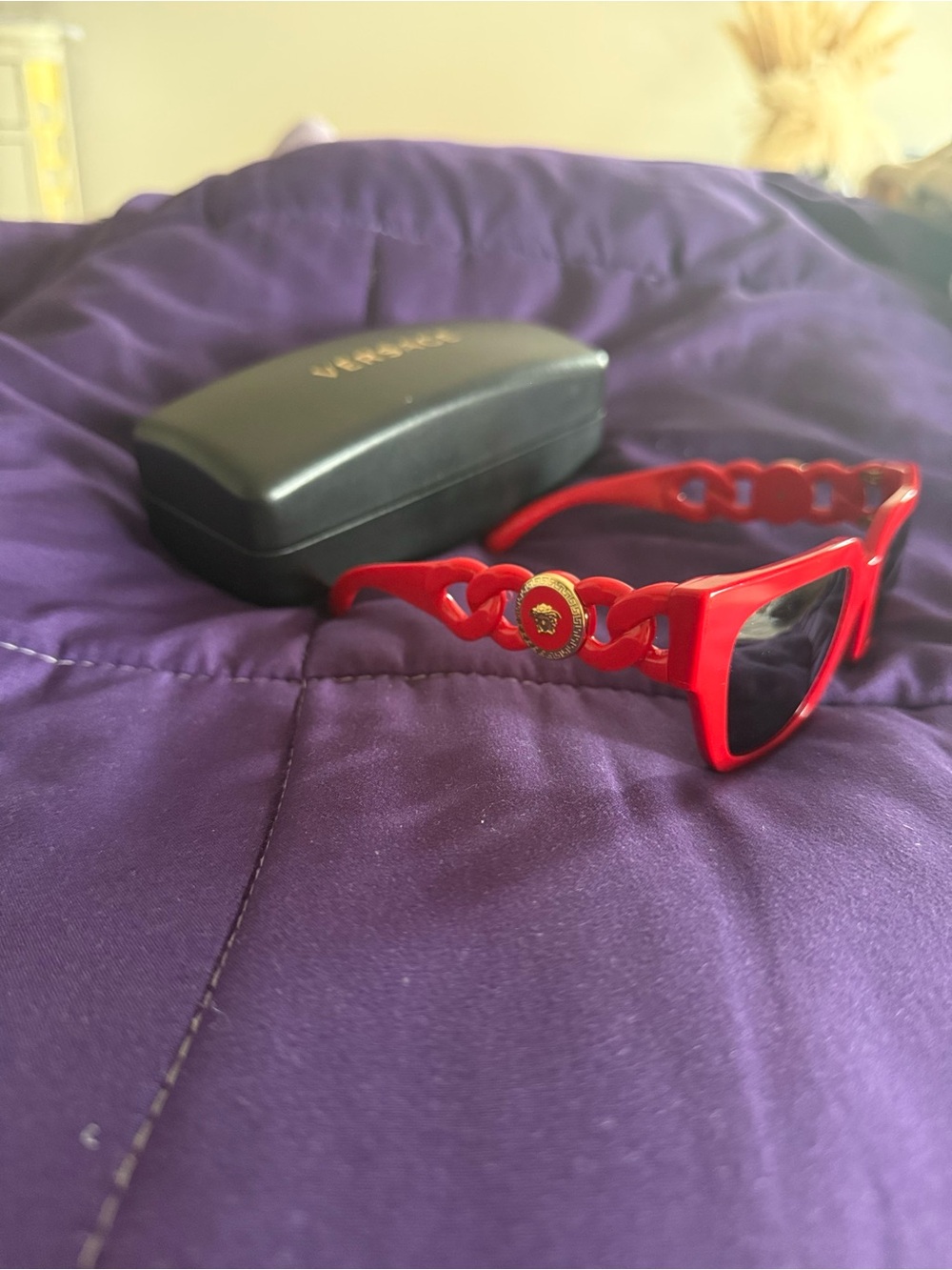 Versace Red shades. With gold emblem. Lightly worn.